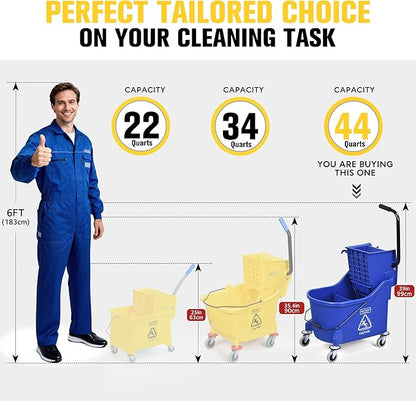 Matthew Cleaning Blue 44Quart Commercial Mop Bucket INCL.Wet String Mop& 19'' Industrial Wet Floor Sign with Side Press Wringer On Wheels,Tandem Portable Floor Cleaning Wavebrake,Ideal for Household