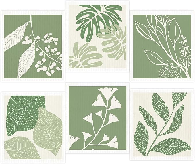 Swedish Dishcloths for Kitchen,6 Pack Green Leaves Dish Towels,Cellulose Sponge ClothsReusable Paper Towels, Biodegradable and Reusable Kitchen Dish Rags