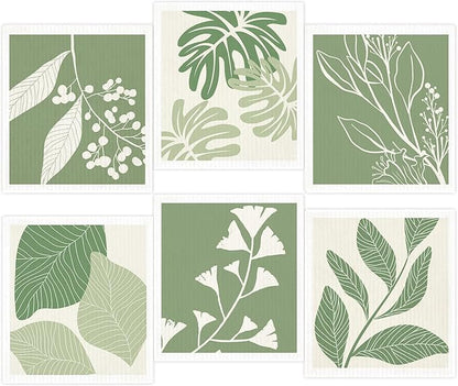 Swedish Dishcloths for Kitchen,6 Pack Green Leaves Dish Towels,Cellulose Sponge ClothsReusable Paper Towels, Biodegradable and Reusable Kitchen Dish Rags