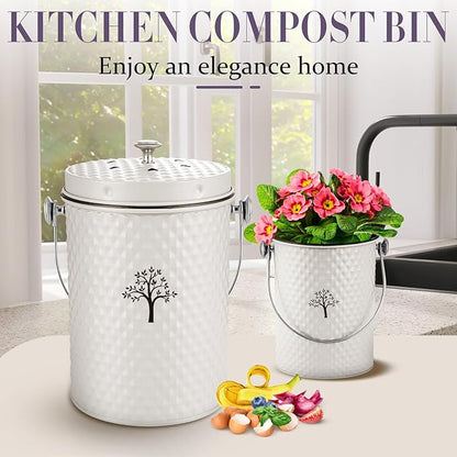 AOSION Countertop Compost Bin Kitchen,Odorless Indoor Compost Bin with Lid and 50 Compost Bags,Compost Bucket Composter Container for Food Waste,Creamy White1.0 Gallon