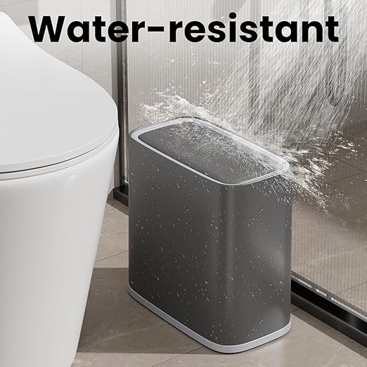 Small Bathroom Trash Can with Lid, 8L / 2.1 Gallon Narrow Garbage Bin with Wheels, Air-Press Bag Expander & Inner Bucket, Press Top Wastebasket for Bedroom, Office, Toilet, Odor Sealing Diaper Pail