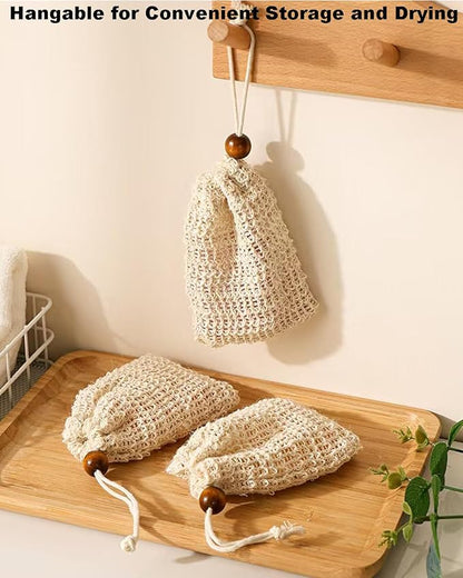 16 Pack Soap Bags for Soap Bars-Natural Sisal Soap Bag,Bar Soap Pouch with Drawstring, Exfoliating Soap Saver Bags mesh soap Bag with Wooden Beads Foaming and Drying Soap Holder for Bath Shower