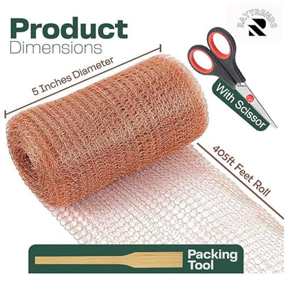 3rd Gen Copper Mesh Rodent Control Kit 5" x 405ft, 100% Premium Copper Wool for Sealing Holes & Water Gaps, Blocks Slugs, Snails, Mice & Pests – with Scissors & Packing Tool