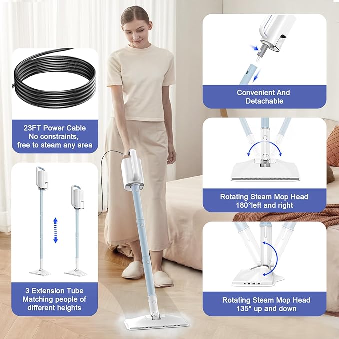 6-in-1 Steam Mop, 1200W Rotated Steam Cleaner for Home, 2 Modes, 400ML Removable Tank, 23FT Power Cord, 2 Pads, Multi-Surface Steamer for Hard Floor, Laminate Floor, Tiles Cleaning (Light Blue)