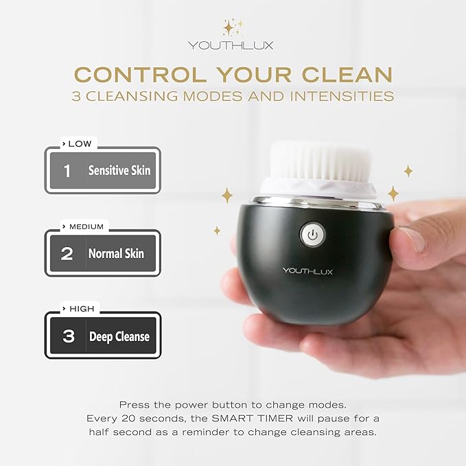 Pure Radiance, Vibrating Facial Cleansing Brush, Electric Face Scrubber, 3 Modes, 3 Brush Heads (2 Bristle,1 Silicone), Waterproof, Rechargeable, Smart Timer, Exfoliating, Massage (Black)