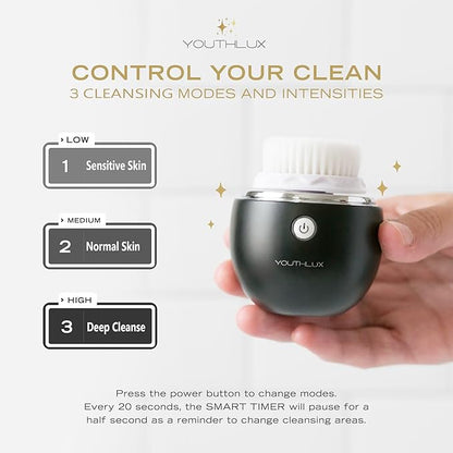 Pure Radiance, Vibrating Facial Cleansing Brush, Electric Face Scrubber, 3 Modes, 3 Brush Heads (2 Bristle,1 Silicone), Waterproof, Rechargeable, Smart Timer, Exfoliating, Massage (Black)