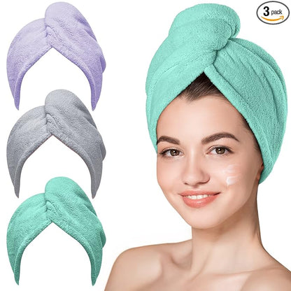 Hicober Microfiber Hair Towel, Hair Turbans for Wet Hair, Drying Hair Wrap Towels for Curly Hair Women Anti Frizz, 3 Packs (Green,Purple,Grey)