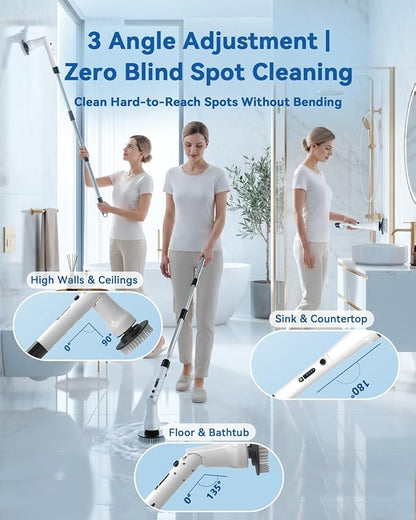 Electric Spin Scrubber, Hillyfe Bathroom Scrubber Electric with 7 Replaceable Brush Heads, IPX7 Waterproof,300/400 RPM, 3 Adjustable Length,Scrubber Brush Electric for Bathtub Floor,White