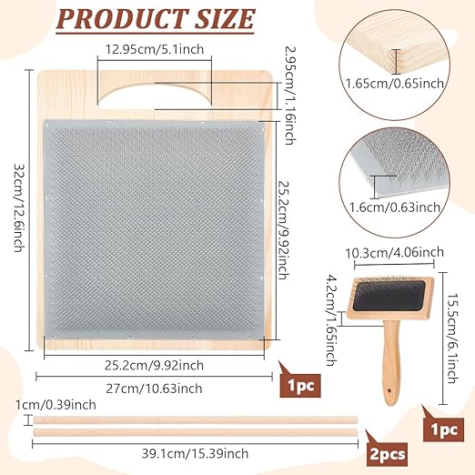 BENECREAT Wool Blending Board Carding Brush Set, 12.5x10.6x0.6inch Fiber Blending Board with 1pcs Wool Brush 2pcs Wood Craft Sticks for Mix Colors, Organize Wool Fibers