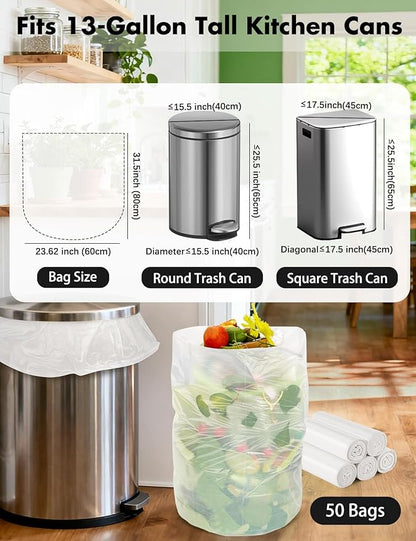 Trash bags 13 Gallon Biodegradable: Aievrgad Garbage bags for tall kitchen trash can liner, 50 count,Unscented, Heavy Duty, Thickened, for food/kitchen waste or Graden,white 50L