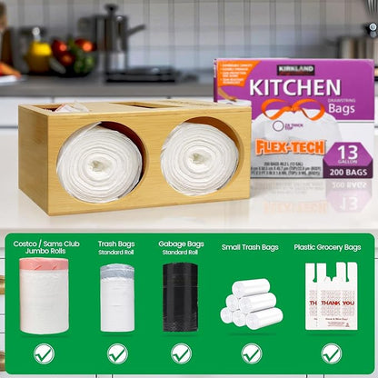 Libreshine Extra Large Bamboo 2-in-1 Trash Bag Dispenser & Roll Holder – Fits Costco Kirkland & Members Mark Jumbo Rolls, Wall/Under-Sink/Cabinet Mountable, Dual-Slot Storage for 2 Rolls