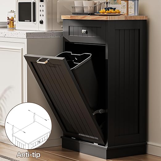 AHB 13 Gallons Tilt Out Trash Cabinet, Hidden Trash Can Cabinet Kitchen Wooden Tilt Out Pet Proof Hidden Trash Bin for Kitchen Living Room, Black