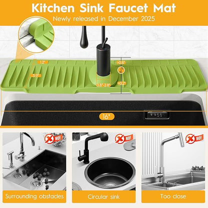 16" Silicone Faucet Mat for Kitchen Sink Released in 2026,8° Slope Fast Self-draining-Kitchen Sink Splash Guard,Bathroom Kitchen Sink Area Water Splash Guard Behind Faucet Draining Mat(Green)