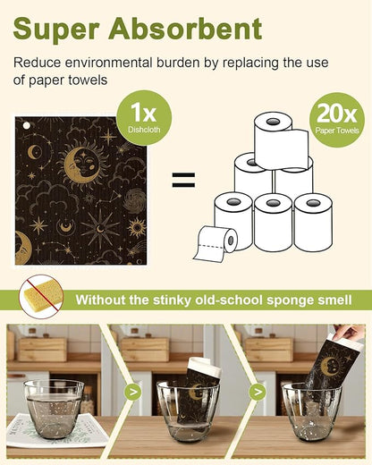 Miss Adola 8 Pack Swedish Kitchen Dishcloths - Absorbent Reusable Dish Towels, Fast Drying, Moon Sun