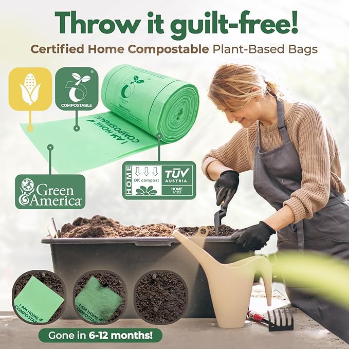 AIRNEX Compostable Kitchen Trash Bags 8 Gal - Cornstrarch Leakproof & Tear Resistant 50 Compost Bags - OK Compost Home & Seedling Certified 0.22 mm Kitchen Garbage Bags