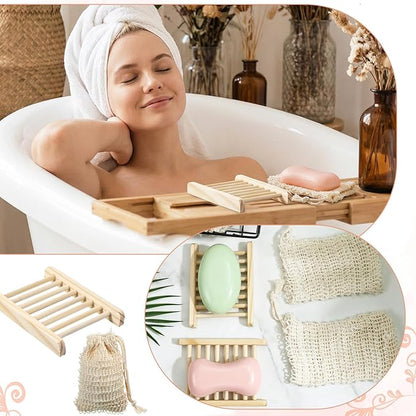 60 Pcs Soap Exfoliating Bag Holder Set, Including 30 Mesh Bath Soap Saver Container and 30 Bamboo Wood Soaps Holder Tray, Natural Barsoap Pouch, Self Draining Soaps Saver Dish