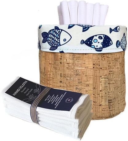 Reusable Paper Towel Set/Towels & Cork Fabric Basket/American Made/Machine Washable/Absorbent and Durable Edges and No Pilling/Reversible (Fish & Cork Bin, 12 Cloths)