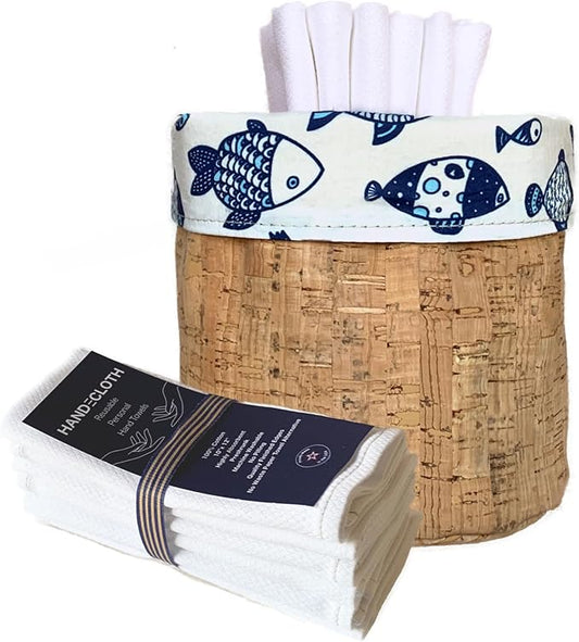 Reusable Paper Towel Set/Towels & Cork Fabric Basket/American Made/Machine Washable/Absorbent and Durable Edges and No Pilling/Reversible (Fish & Cork Bin, 12 Cloths)