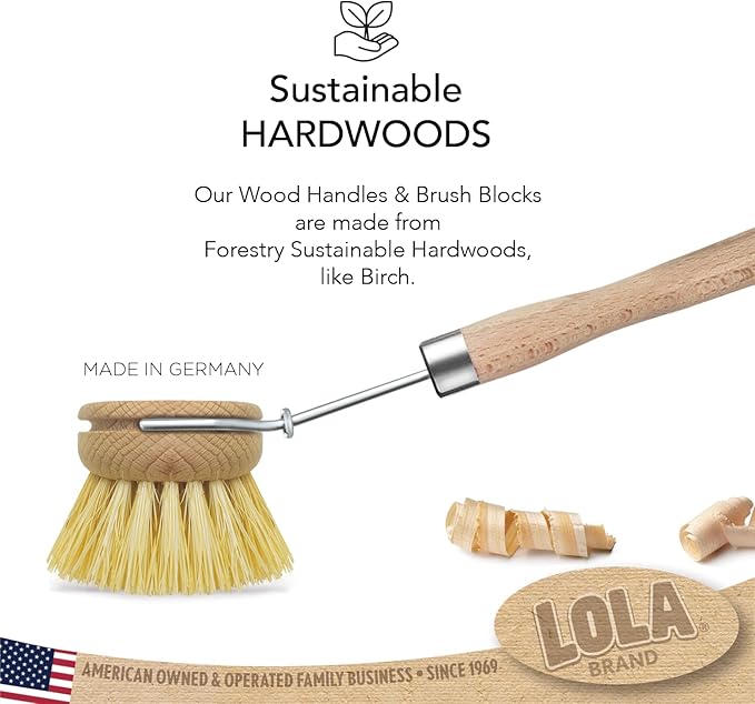 LOLA -The Original - Tampico Vegetable & Dish Brush, 2 Pack, Sustainable Wood Ergonomic Handle w/Tampico Fiber Bristles