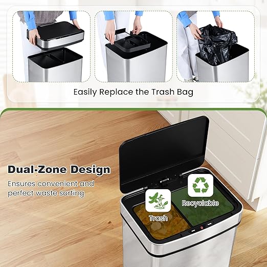 S AFSTAR 16 Gallon Motion Sensor Trash Can, Automatic Touchless Garbage Can with Dual Compartments, Stainless Steel Waste Bin for Kitchen, Bedroom & Bathroom