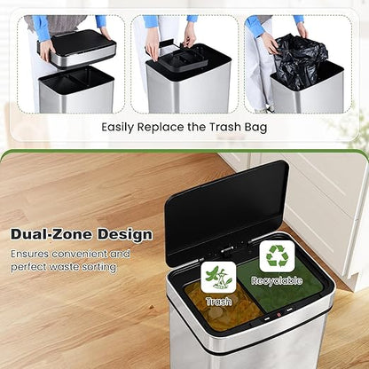 S AFSTAR 16 Gallon Motion Sensor Trash Can, Automatic Touchless Garbage Can with Dual Compartments, Stainless Steel Waste Bin for Kitchen, Bedroom & Bathroom