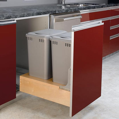 Rev-A-Shelf 50 Qt Bottom Mount Double Pullout Under Cabinet Trash Cans w/Soft-Close for Base Cabinets, Min Opening Width of 17.5", Metallic Silver, 4WCBM-2150DM-2