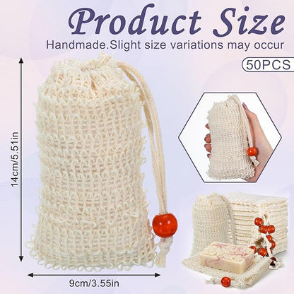 50 Pcs Soap Bags Mesh Exfoliating, Natural Sisal Soap Saver Bag Pouch, Quick-Drying Reusable Plastic-Free Mesh Net with Drawstring Bar Wooden Bead for Shower Use Like Massaging (3.5x5.5 Inch)