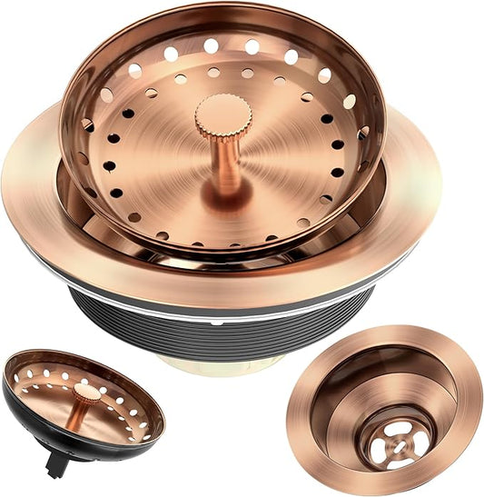 Kitchen Sink Drain Copper 3-1/2 Inch Stainless Steel Kitchen Drain Strainer Assembly Kit with Strainer Basket and Drain Stopper for Standard Sink Drains Antique Copper