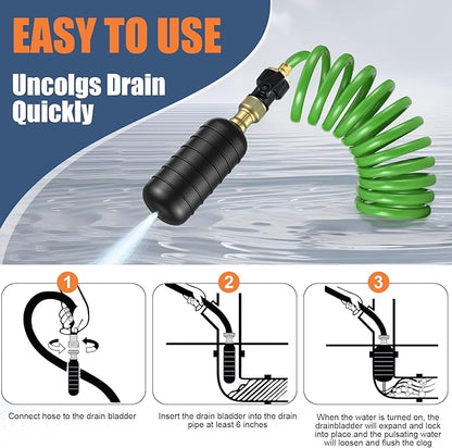 3 Pcs Drain Bladder Kit, Drain Cleaning Bladder Fits 1" to 6" Pipes, with 10 ft Retractable Hose, Shut-Off Valve & Brass Faucet Adapter Fits Most Faucets– For Sinks, Showers, Pools & Drains (Green)