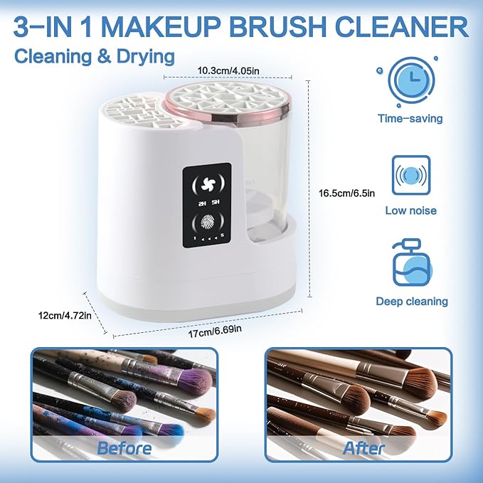 3-in-1 Electric Makeup Brush Cleaner, Dryer & Storage Drying Available Fast Cleaning & Automatic Cleaning Tool for All Size Brushes