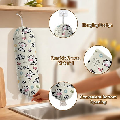 Cow Plastic Bag Holder Dispenser, Plastic Grocery Bag Organizer & Wall Mount Paper Trash Bags Saver Storage for Kitchen Home Pantry Decor, Cute Cow Shopping Bags Storage Dispenser