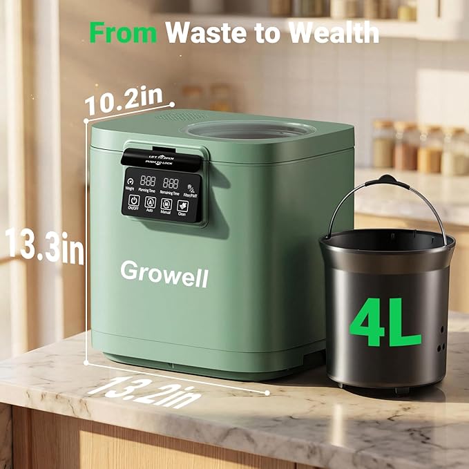 Growell 4L Electric Composter for Kitchen, Smart Countertop Compost Bin with Visible Window,Odorless & Low Noise, Auto-Cleaning,Turn Food Waste into Fertilizer, Food Waste Compost Indoor Machine, EC01