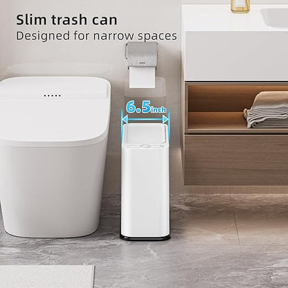 SUBEKYU Bathroom Trash Can with lid,3.5 Gal Small Kitchen Garbage Can,Plastic Office Waste Bin,Slim Wastebasket for Narrow Space,White