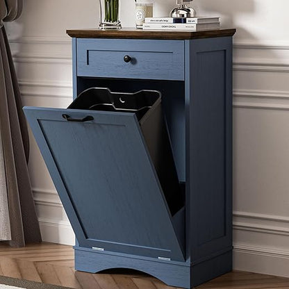 AHB 13 Gallons Tilt Out Trash Cabinet Hidden Trash Can Cabinet Freestanding Garbage Recycling Cabinet with Hideaway Drawer Pet Proof Trash Bin for Kitchen Living Room, Blue