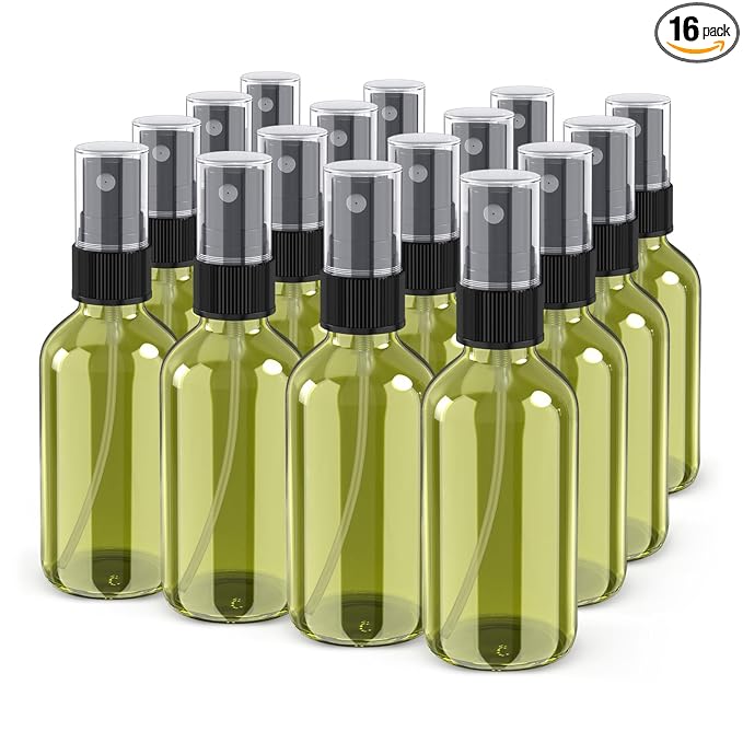Wedama Spray Bottle, 2 oz Fine Mist Glass Spray Bottles, Little Refillable Liquid Containers for Watering Flowers Cleaning (16 Pack Olive Green)