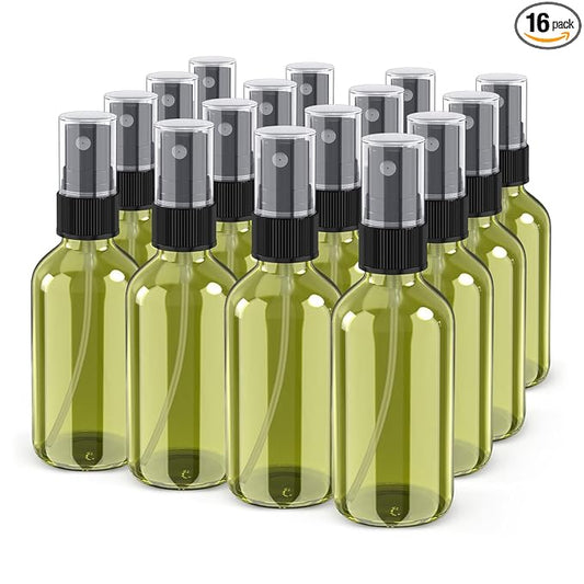 Wedama Spray Bottle, 2 oz Fine Mist Glass Spray Bottles, Little Refillable Liquid Containers for Watering Flowers Cleaning (16 Pack Olive Green)
