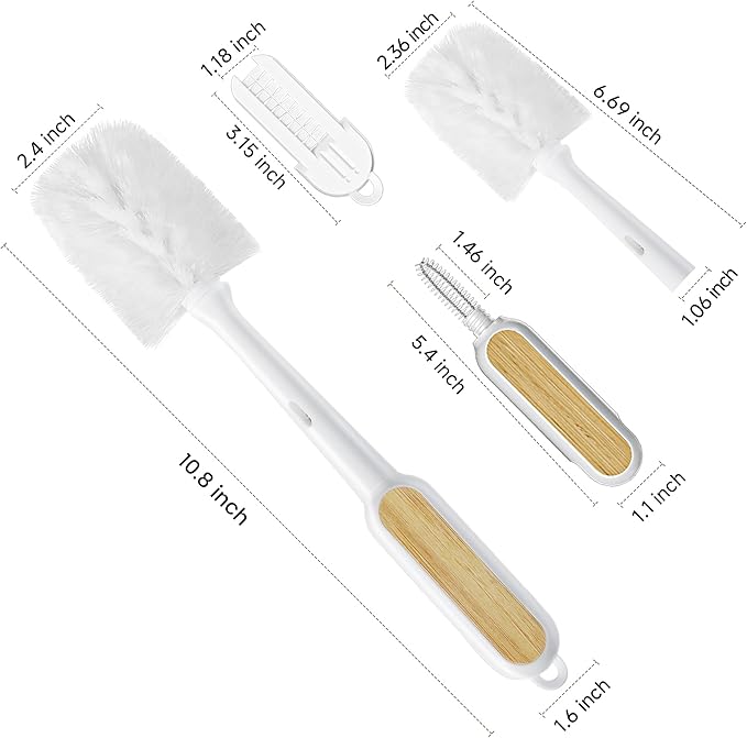 SUBEKYU Water Bottle Brush Cleaner Set - 2 Pack 3 in 1 Long Bamboo Handle Cleaning Brush with Bottle Brush, Nipple & Bottle Mouth Scrubber Brush for Cleaning Baby Bottles, Cups, Mugs, Tumbler, Thermos