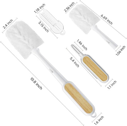 SUBEKYU Water Bottle Brush Cleaner Set - 2 Pack 3 in 1 Long Bamboo Handle Cleaning Brush with Bottle Brush, Nipple & Bottle Mouth Scrubber Brush for Cleaning Baby Bottles, Cups, Mugs, Tumbler, Thermos