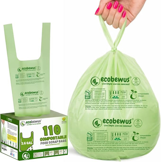 2.6 Gallon 100% Compostable Bags Handle Tie (110 Bags) 9.84L Small Compost Trash Bags Food Scrap Garbage Bags US BPI Certified TUV OK Compost Home Certified Meeting ASTM D6400 (110 ct.)