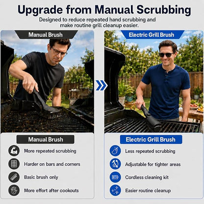 Electric Grill Brush, Cordless BBQ Cleaner for Gas, Charcoal and Smoker Grates, 3 Speed 300 to 400 RPM, 90 Min Runtime, 180 Degree Adjustable Head, Type C Rechargeable