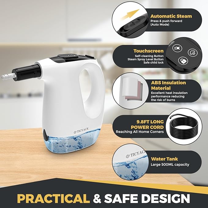 TICYACK Handheld Steam Cleaner, 15S Rapid Heating, 3 Adjustable Modes, 14 Cleaning Kits, Steam Cleaner for Home, Kitchen, Bathroom, Car(White)