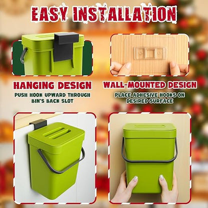 Kitchen Waste Bin with Hooks 5L, Indoor Kitchen Sealed Under Sink for Kitchen, Food Waste Bin for Countertop (DarkGreen)