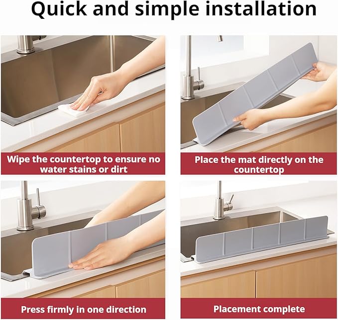 Food Grade Silicone Sink Splash Guard (23 Inch), 7 Strong Suction Cups Non-Slip Water Protector, Dishwasher Safe & Cuttable for Kitchen/Bathroom Countertops (Grey)
