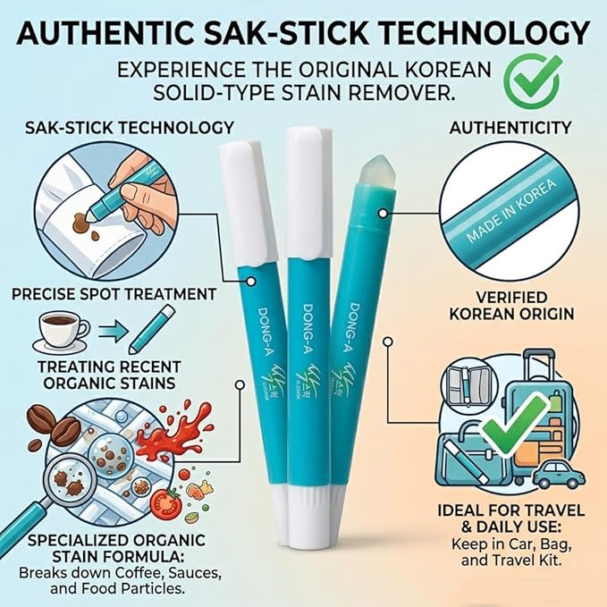 Sak-Stick Instant Stain Remover (3-Pack) - Portable Crayon Type Spot Cleaner for Clothes, No-Leak Solid Formula, Emergency Laundry Treatment for Coffee and Food Stains, Orange Scent