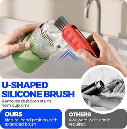 6 Pack Holikme 4 in 1 Cup Lid Cleaning Brush Set with 3 Straws, Multifunctional Bottle Brush, Silicone Cup Lid Gap Cleaner, Durable Bristle Crevice Cleaning Brush, Red