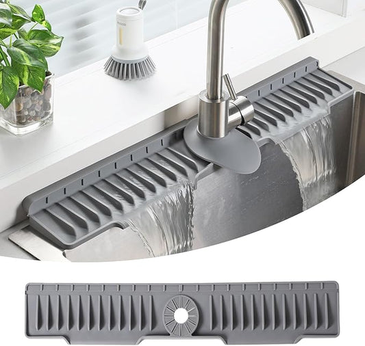 24" Silicone Sink Mat for Kitchen(Released in 2026) – 8° Slope for Quick Self-draining,Sink Splash Guard Behind the Faucet for Kitchen&Bathroom Area, Narrow Water Splash Guard Easy to Clean (Grey)
