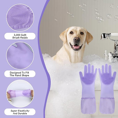 Dog Washing Gloves & Hair Remover for Cats and Dogs,Dog Bath Gloves with Extended Length,Comfortable Dog Bath Gloves for Gentle Bathing Efficient, Multifunctional Silicone Pet Gloves(Purple