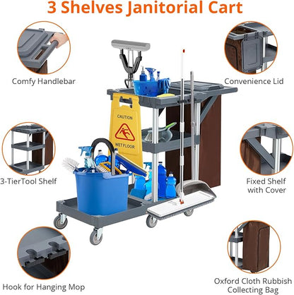 Commercial Janitorial Cleaning Cart on Wheels - Black Housekeeping Caddy with Cover, Shelves and Vinyl Bag