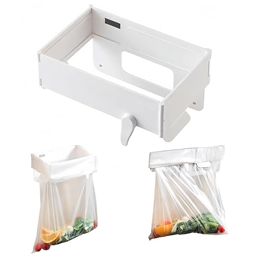 2 Pcs Collapsible Plastic Trash Bag Holder, Kitchen Cabinet Door, Garbage Bag Holder Under Sink, White, Plastic, 5 Gallon, Rectangular, Indoor/Outdoor, Adjustable, No Lid, Trash Can