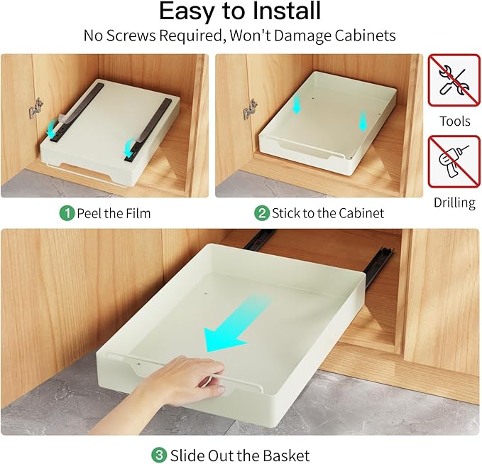 iSPECLE Slide Out Cabinet Drawers - 2 Pack Peel and Stick Pull Out Drawers for 13" Wide Cabinet and Above, No Screw Adhesive Drawer Easily Slide to Get Deep Item without Digging in the Deep, Black